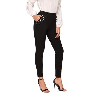 imageSweatyRocks Womens Casual Skinny Leggings Stretchy High Waisted Work PantsPearl Pockets Black