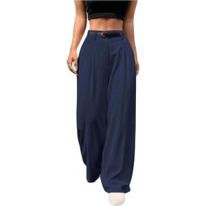 imageSweatyRocks Womens High Waist Work Pants Dressy Casual Wide Leg Flowy TrousersDark Blue