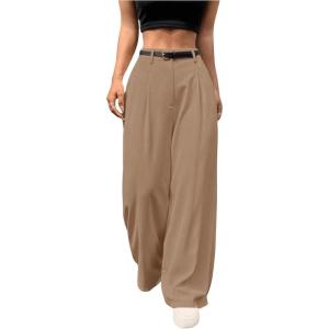 imageSweatyRocks Womens High Waist Work Pants Dressy Casual Wide Leg Flowy TrousersKhaki