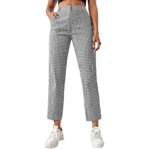 imageSweatyRocks Womens High Waisted Plaid Straight Leg Cropped Pants Gingham Trousers with PocketsBlack White