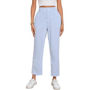 imageSweatyRocks Womens High Waisted Plaid Straight Leg Cropped Pants Gingham Trousers with PocketsLight Blue
