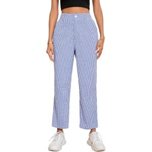 imageSweatyRocks Womens High Waisted Plaid Straight Leg Cropped Pants Gingham Trousers with PocketsRoyal Blue