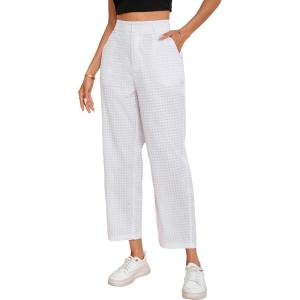 imageSweatyRocks Womens High Waisted Plaid Straight Leg Cropped Pants Gingham Trousers with PocketsWhite