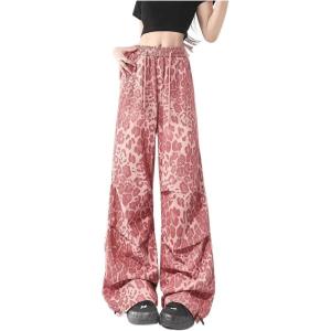 imageSweatyRocks Womens Leopard Print Pants High Waist Straight Leg Pants Casual Loose with PocketsPink