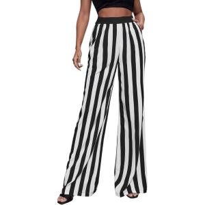 imageSweatyRocks Womens Striped Extra Long High Waited Wide Leg Pants Loose Casual Trousers with PocketsBlack White