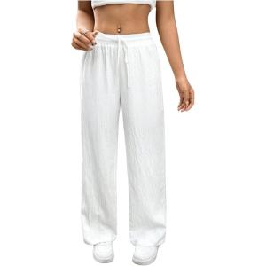 imageSweatyRocks Womens Textured High Waisted Drawstring Pant Loose Linen Wide Leg Pants TrousersWhite