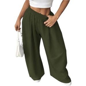 imageSweatyRocks Womens Wide Leg Pants Elastic High Waist Loose Athletic Sweatpants with PocketsArmy Green