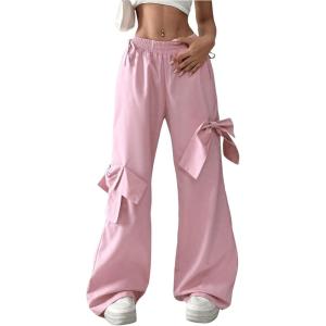 imageSweatyRocks Womens Y2K Bow Wide Leg Pants Drawstring Waist Tie Side Street Long TrousersPink