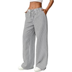 imageSweatyRocks Womens Y2K Striped Pants Wide Leg Drawstring High Waist Long Trousers with PocketBlack