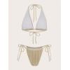 imageSweatyRocks Womens 2 Piece Bathing Suit Fuzzy Tie Back Halter Swimsuit Knot Side Smocked Triangle Thong Bikini Set SwimwearCemel