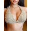 imageSweatyRocks Womens 2 Piece Bathing Suit Fuzzy Tie Back Halter Swimsuit Knot Side Smocked Triangle Thong Bikini Set SwimwearCemel