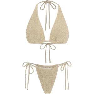 imageSweatyRocks Womens 2 Piece Bathing Suit Fuzzy Tie Back Halter Swimsuit Knot Side Smocked Triangle Thong Bikini Set SwimwearCemel