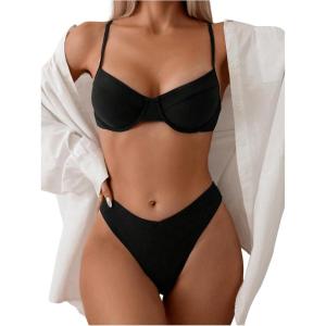 imageSweatyRocks Womens 2 Piece Bikini Set Spaghetti Strap High Cut Push Up Underwire SwimsuitBlack