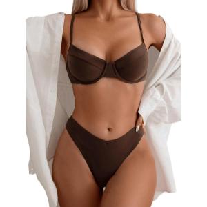imageSweatyRocks Womens 2 Piece Bikini Set Spaghetti Strap High Cut Push Up Underwire SwimsuitCoffee Brown