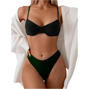 imageSweatyRocks Womens 2 Piece Bikini Set Spaghetti Strap High Cut Push Up Underwire SwimsuitGreen
