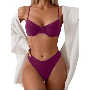 imageSweatyRocks Womens 2 Piece Bikini Set Spaghetti Strap High Cut Push Up Underwire SwimsuitRed Violet