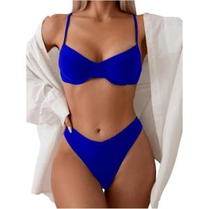 imageSweatyRocks Womens 2 Piece Bikini Set Spaghetti Strap High Cut Push Up Underwire SwimsuitRoyal Blue