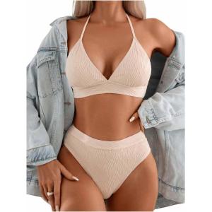 imageSweatyRocks Womens 2 Piece Bikini Set Tie Back Triangle Swimsuit High Waist Tummy Control SwimwearBeige