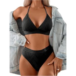 imageSweatyRocks Womens 2 Piece Bikini Set Tie Back Triangle Swimsuit High Waist Tummy Control SwimwearBlack