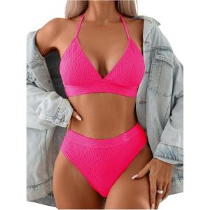 imageSweatyRocks Womens 2 Piece Bikini Set Tie Back Triangle Swimsuit High Waist Tummy Control SwimwearHot Pink