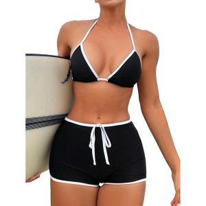 imageSweatyRocks Womens 2 Piece Swimsuit Contrast Trim Halter Triangle Top with Shorts Bathing Suits Bikini SetBlack and White