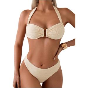 imageSweatyRocks Womens Two Piece Halter Swimsuit Tie Backless High Cut Bikini Sets BeachwearApricot