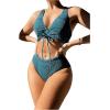 imageSweatyRocks Womens 2 Piece Bathing Suit Deep V Neck Drawstring Bikini Set High Waist Scallop Trim SwimsuitGreen