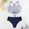imageSweatyRocks Womens Bathing Suits Striped Criss Cross Bikini Set High Waisted SwimsuitsDark Blue
