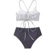 imageSweatyRocks Womens Bathing Suits Striped Criss Cross Bikini Set High Waisted SwimsuitsDark Grey