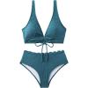 imageSweatyRocks Womens 2 Piece Bathing Suit Deep V Neck Drawstring Bikini Set High Waist Scallop Trim SwimsuitGreen