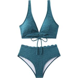 imageSweatyRocks Womens 2 Piece Bathing Suit Deep V Neck Drawstring Bikini Set High Waist Scallop Trim SwimsuitGreen