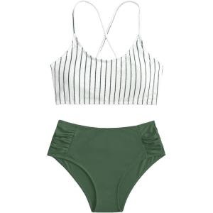 imageSweatyRocks Womens Bathing Suits Striped Criss Cross Bikini Set High Waisted SwimsuitsArmy Green