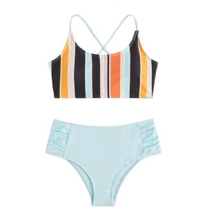 imageSweatyRocks Womens Bathing Suits Striped Criss Cross Bikini Set High Waisted SwimsuitsAzure