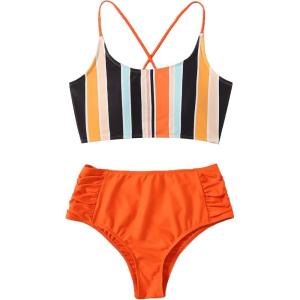 imageSweatyRocks Womens Bathing Suits Striped Criss Cross Bikini Set High Waisted SwimsuitsBlue Orange