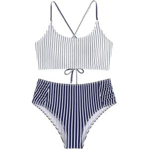 imageSweatyRocks Womens Bathing Suits Striped Criss Cross Bikini Set High Waisted SwimsuitsBlue Striped