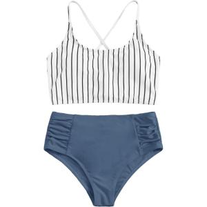 imageSweatyRocks Womens Bathing Suits Striped Criss Cross Bikini Set High Waisted SwimsuitsBlue2
