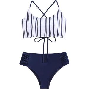 imageSweatyRocks Womens Bathing Suits Striped Criss Cross Bikini Set High Waisted SwimsuitsDark Blue