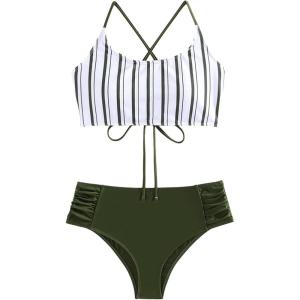 imageSweatyRocks Womens Bathing Suits Striped Criss Cross Bikini Set High Waisted SwimsuitsDark Green