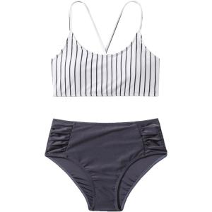 imageSweatyRocks Womens Bathing Suits Striped Criss Cross Bikini Set High Waisted SwimsuitsDark Grey