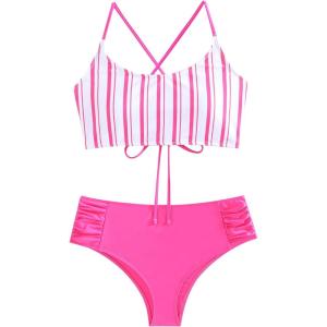 imageSweatyRocks Womens Bathing Suits Striped Criss Cross Bikini Set High Waisted SwimsuitsDark Pink