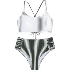 imageSweatyRocks Womens Bathing Suits Striped Criss Cross Bikini Set High Waisted SwimsuitsGreen Striped