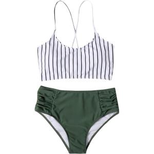 imageSweatyRocks Womens Bathing Suits Striped Criss Cross Bikini Set High Waisted SwimsuitsGreen White