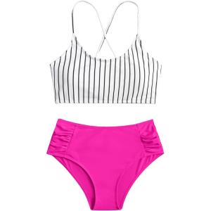 imageSweatyRocks Womens Bathing Suits Striped Criss Cross Bikini Set High Waisted SwimsuitsHot Pink