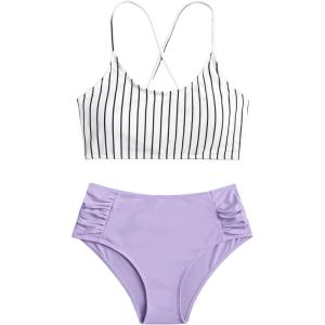 imageSweatyRocks Womens Bathing Suits Striped Criss Cross Bikini Set High Waisted SwimsuitsLight Purple