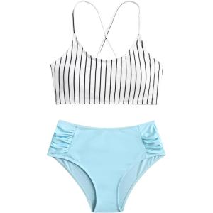 imageSweatyRocks Womens Bathing Suits Striped Criss Cross Bikini Set High Waisted SwimsuitsPlain Blue