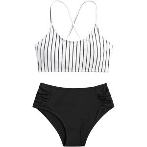 imageSweatyRocks Womens Bathing Suits Striped Criss Cross Bikini Set High Waisted SwimsuitsSolid Black