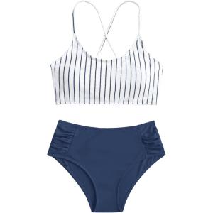 imageSweatyRocks Womens Bathing Suits Striped Criss Cross Bikini Set High Waisted SwimsuitsStripe Navy Blue