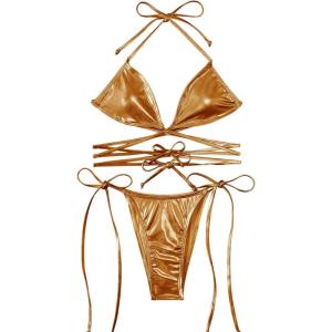 imageSweatyRocks Womens Metallic Halter Top Two Piece Swimsuit Lace Up Triangle Bikini Bathing SuitBrown