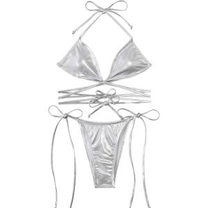 imageSweatyRocks Womens Metallic Halter Top Two Piece Swimsuit Lace Up Triangle Bikini Bathing SuitSilver