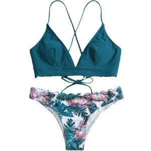 imageSweatyRocks Womens Sexy Bathing Suit Floral Print Cross Back Bikini Set SwimsuitsGreen White
